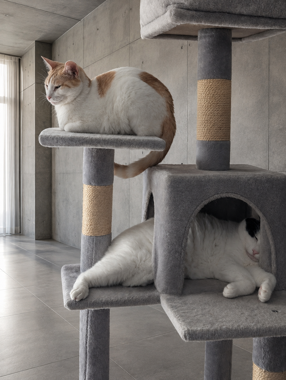 キャットタワーの上段で丸くなるチャコと、下段で伸びるサスケ